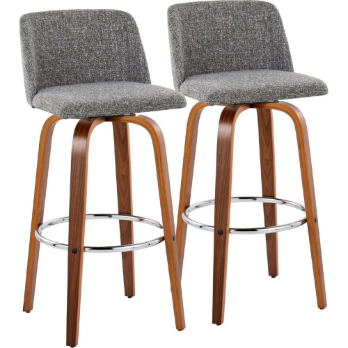 Toriano 30" Swivel Bar Stool in Walnut Wood & Grey Noise Fabric with Chrome Footrest (Set of 2)